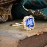 2.5CT Radiant Cut Sapphire Engagement Ring | 4 Prong Pave Halo Bridal Setting